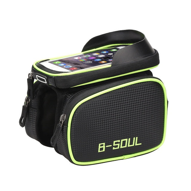 Black and green Bicycle Top Tube Bag with smartphone holder on a white background