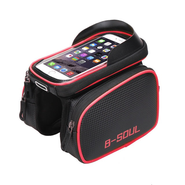 Black and red Bicycle Top Tube Bag With Phone Compartment on a white background