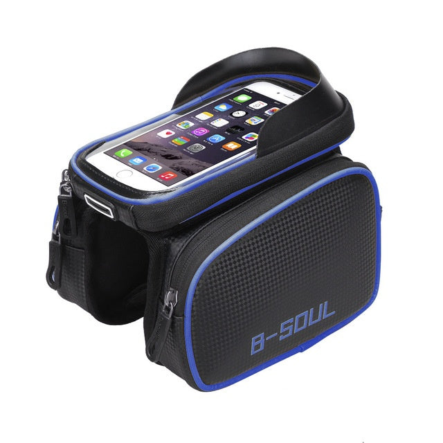 Black and blue Bicycle Top Tube Bag With Phone Compartment on a white background