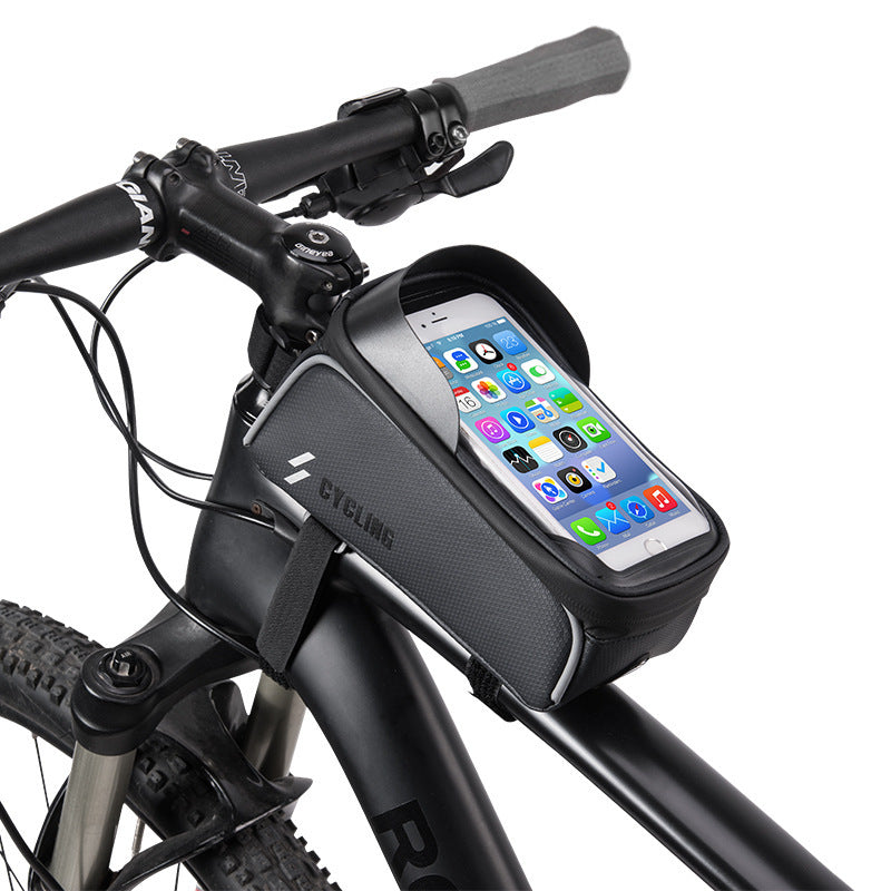 Bicycle handlebar with a Bicycle Top Tube Bag with Smart Phone Compartment displaying a smartphone.