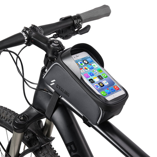 Bicycle handlebar with a Bicycle Top Tube Bag with Smart Phone Compartment displaying a smartphone.
