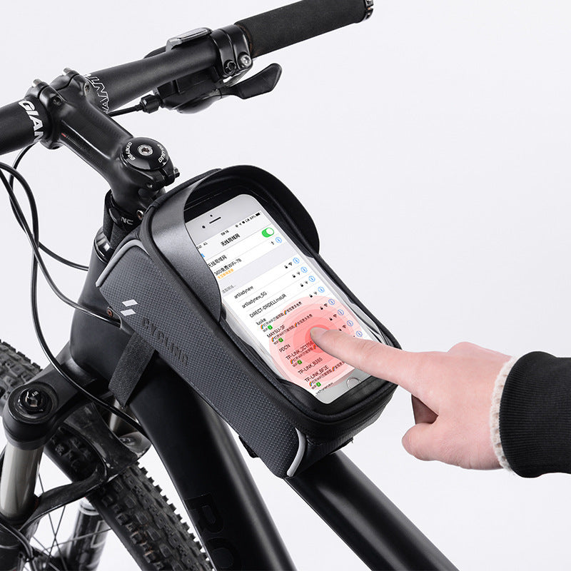Bicycle handlebar with a Bicycle Top Tube Bag with Smart Phone Compartment displaying a hand using a smartphone.