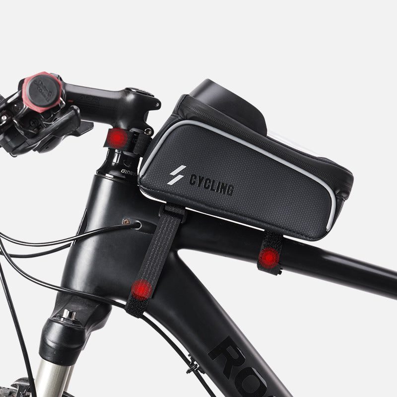 Bicycle handlebar with a black cycling bag on a white background