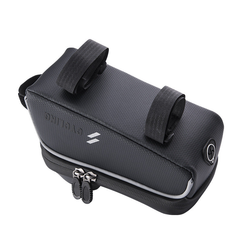 Black Bicycle Top Tube Bag with Smart Phone Compartment with brand logo on a white background