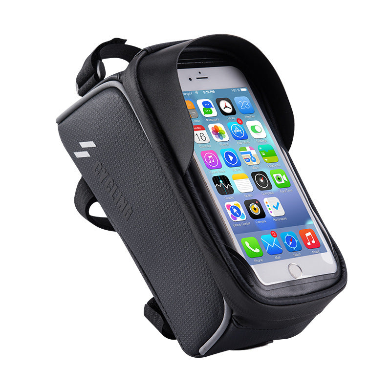 Black Bicycle Top Tube Bag with Smart Phone Compartment with smartphone displaying app icons on a white background