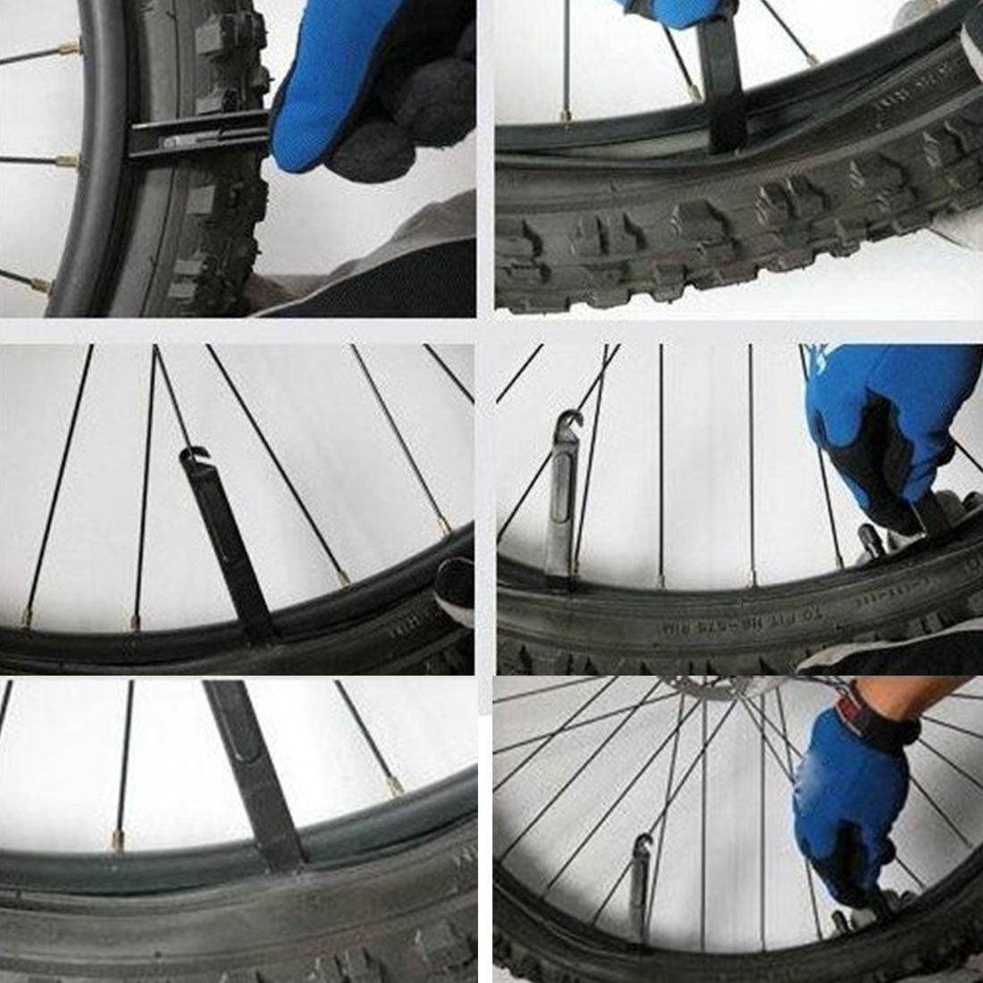 Step-by-step process of removing a bicycle tyre with close-up shots.