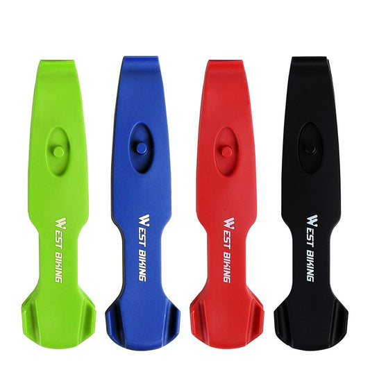 Four bicycle tyre levers in green, blue, red, and black with 'West Biking' branding on a white background.
