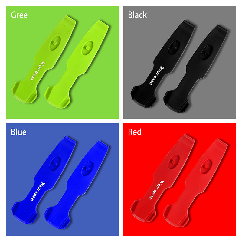 Four color options of a bicycle tyre lever with branding on a green, gray, blue, and red background.