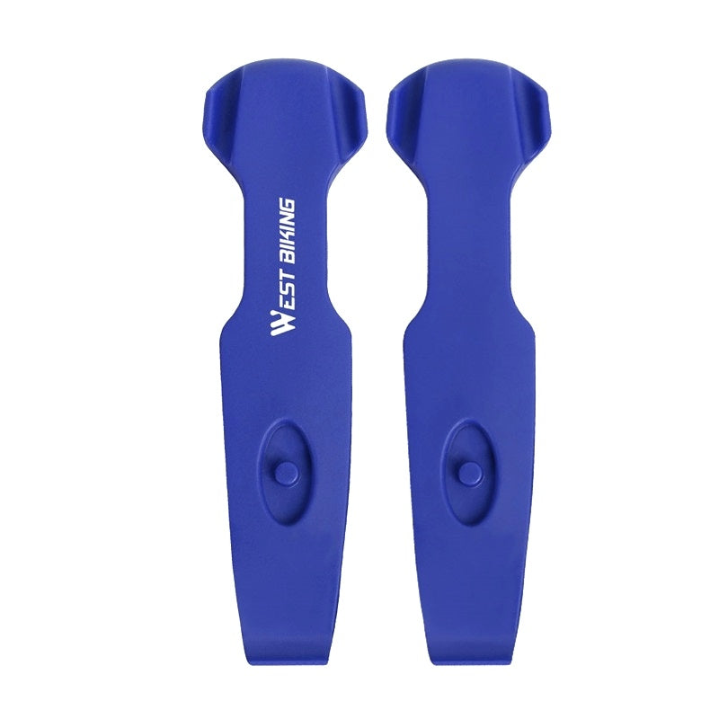 Two blue bicycle tyre levers with West Biking branding on a white background