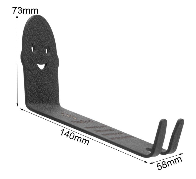 Black metal bracket pertaining to a Bicycle Wall Mount Rack with dimensions labeled on a white background