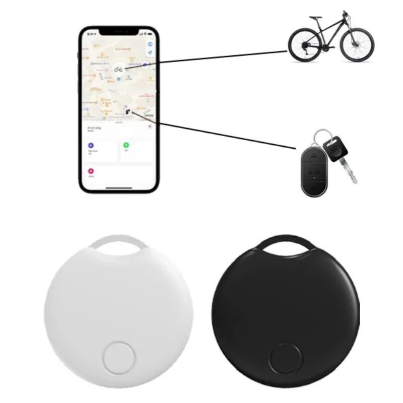 Smart tracking devices with smartphone app interface on a white background