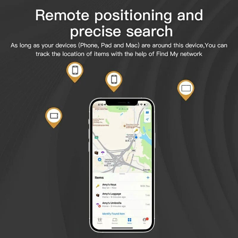 Smartphone displaying a location tracking app with icons indicating remote positioning and precise search.
