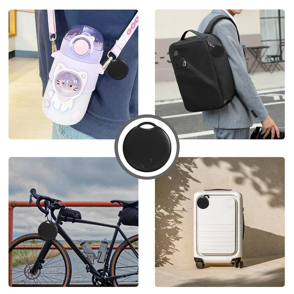 Collage of a Bluetooth GPS Tracker with various tracked items, including a small backpack, a bicycle with a device attached, and a suitcase.