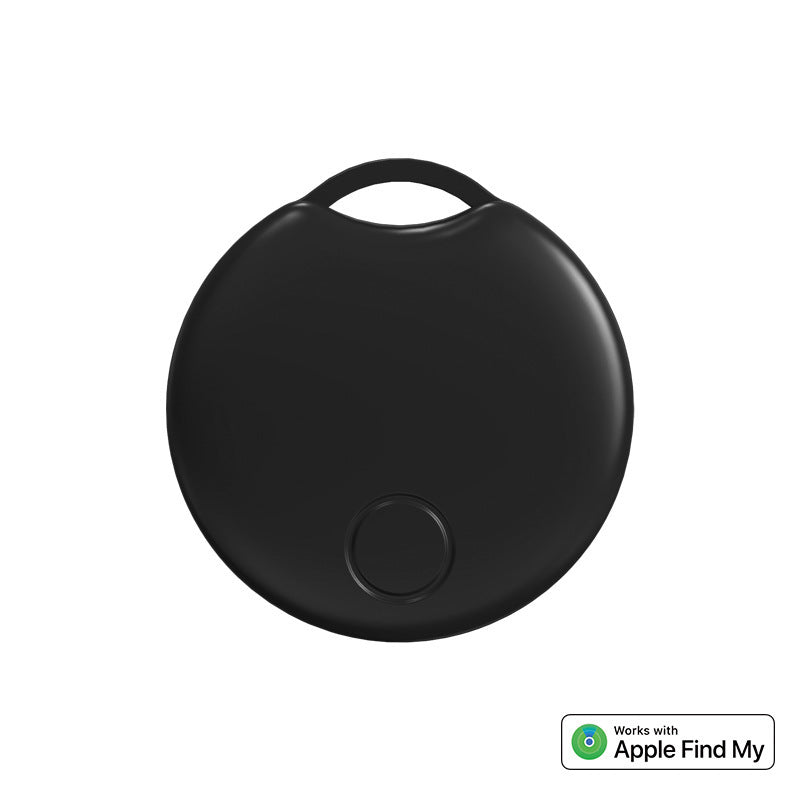 Black Bluetooth GPS Tracker with a button on a white background, featuring 'Works with Apple Find My' text.