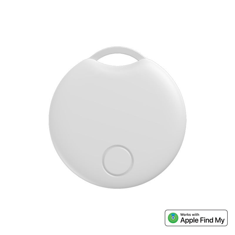 White round Bluetooth GPS Tracker with a button on a white background, featuring 'Works with Apple Find My' text.