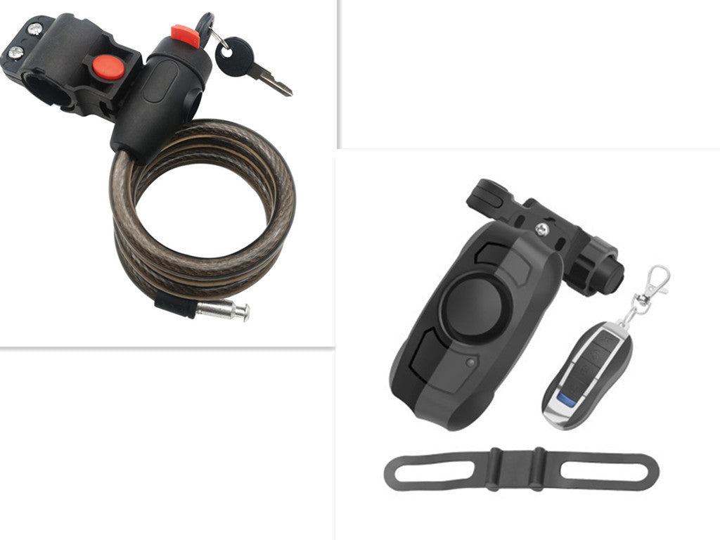 Bicycle cable lock, key, remote control, and attachment strap on a white background.