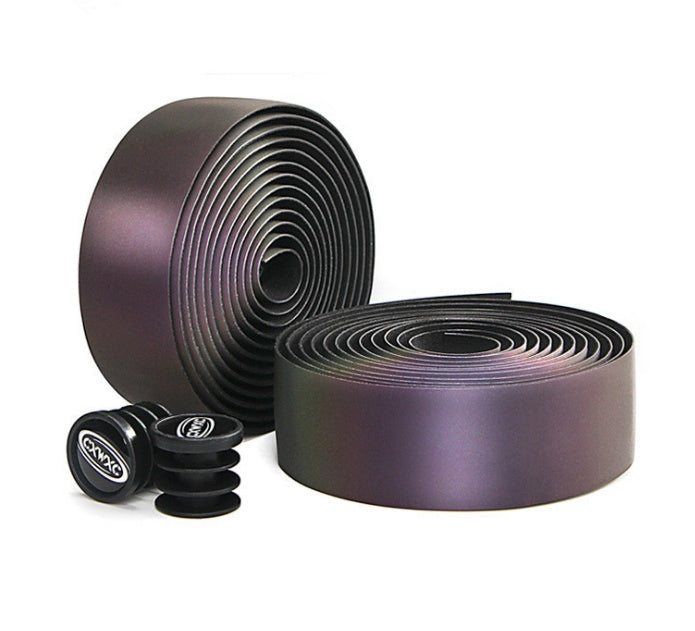 Two rolls of CX-85 Reflective Bicycle Handlebar Tape with two black bar plugs on a white background
