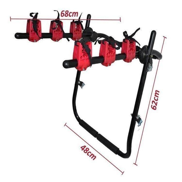Red and black Car Bicycle Rack with measurements on a white background