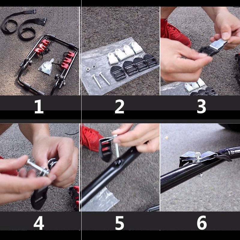 Step-by-step assembly of a Car Bicycle Rack with various parts and tools.