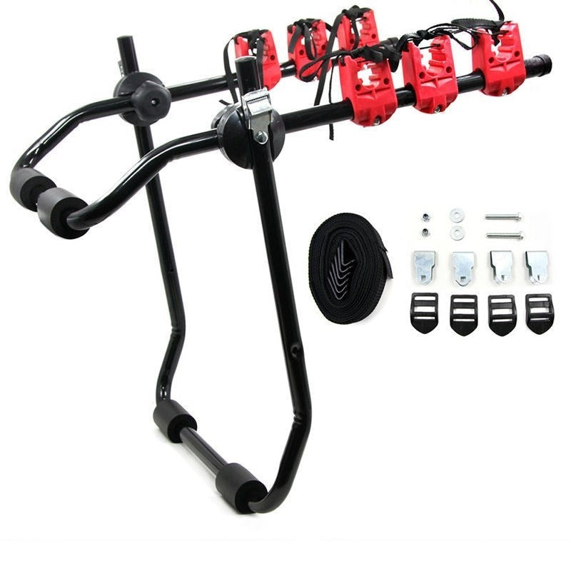Bicycle rack with red clips and additional components on a white background
