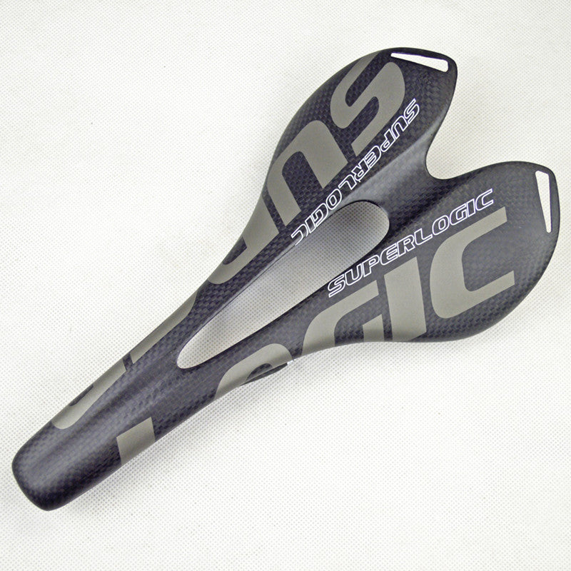 Gray carbon fibre bicycle saddle with 'Superlogic' branding on a white background