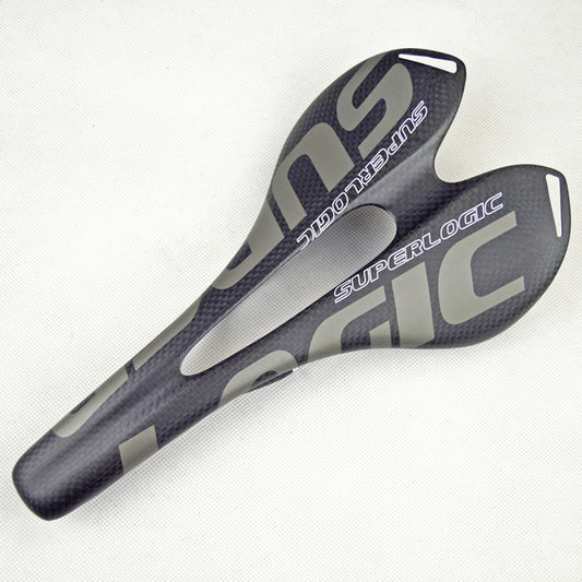 Gray carbon fibre bicycle saddle with 'Superlogic' branding on a white background