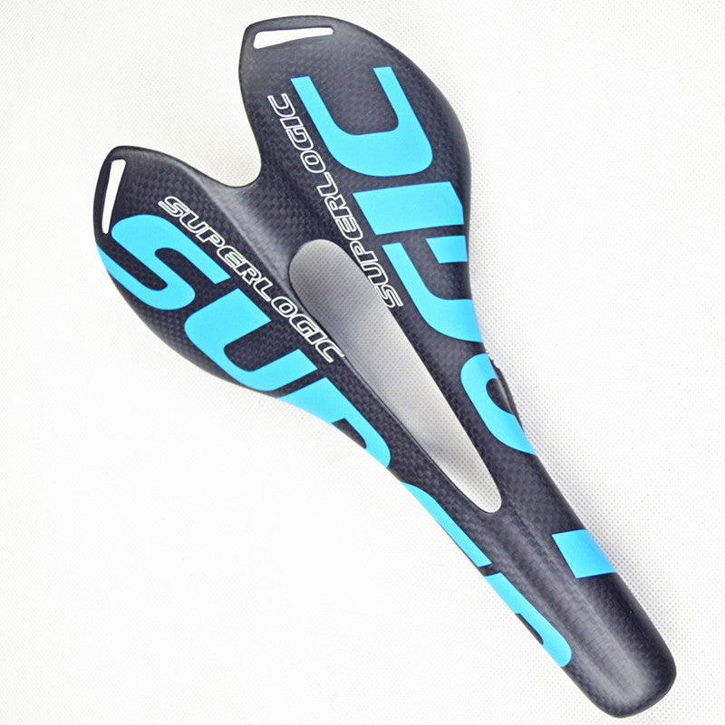Carbon fibre cycling saddle with 'Superlogic' branding on a white background