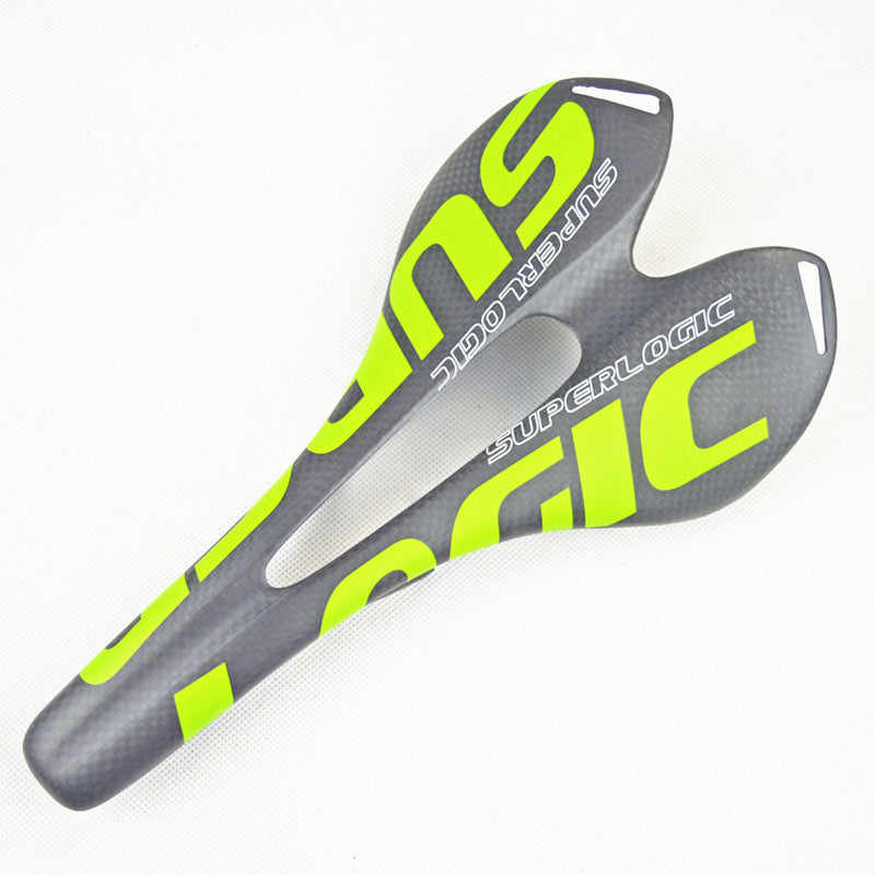 Gray and yellow Superlogic carbon fibre bicycle seat on a white background