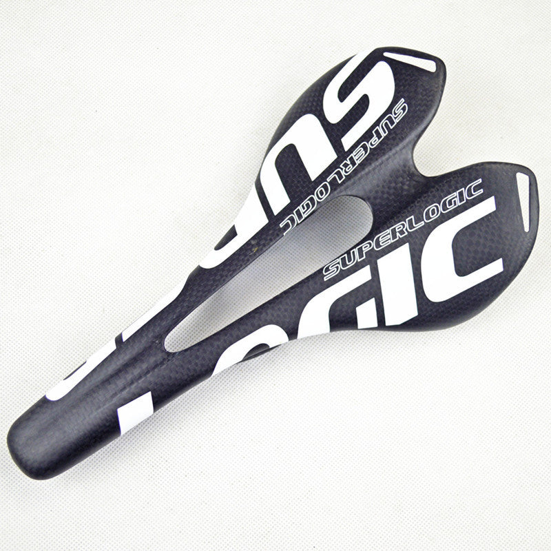 Black and gray carbon fibre bicycle seat with 'Superlogic' branding on a white background