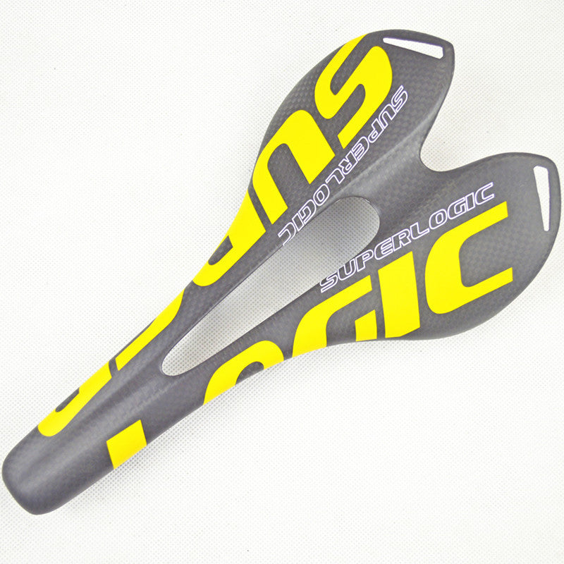Gray and yellow carbon fibre bicycle saddle with 'Superlogic' branding on a white background