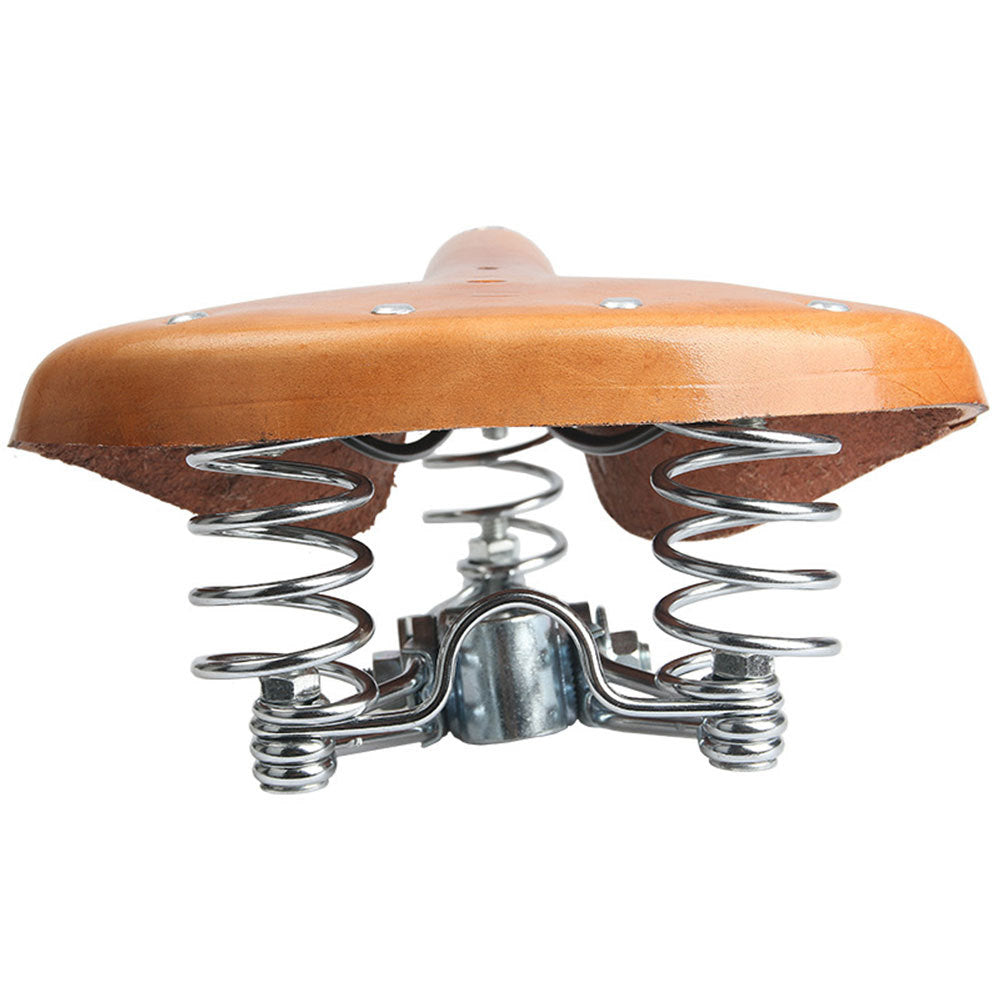 Brown leather bicycle saddle with metal springs on a white background