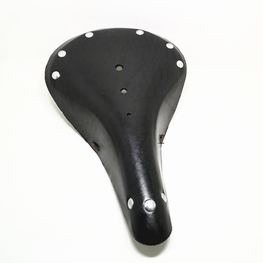 Black vintage design leather bicycle seat with silver rivets on a white background