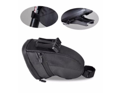 Black bike saddle bag with mounting brackets on a white background