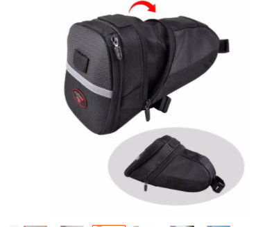 Black bike saddle bag with a reflective strip on a white background