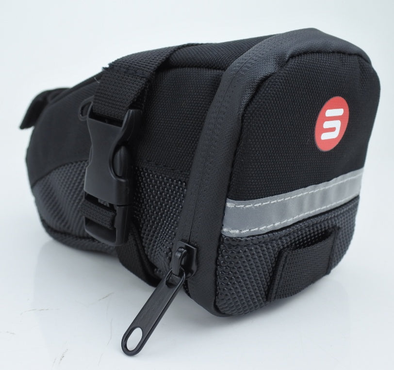 Black bike saddle bag with a red logo on a white background