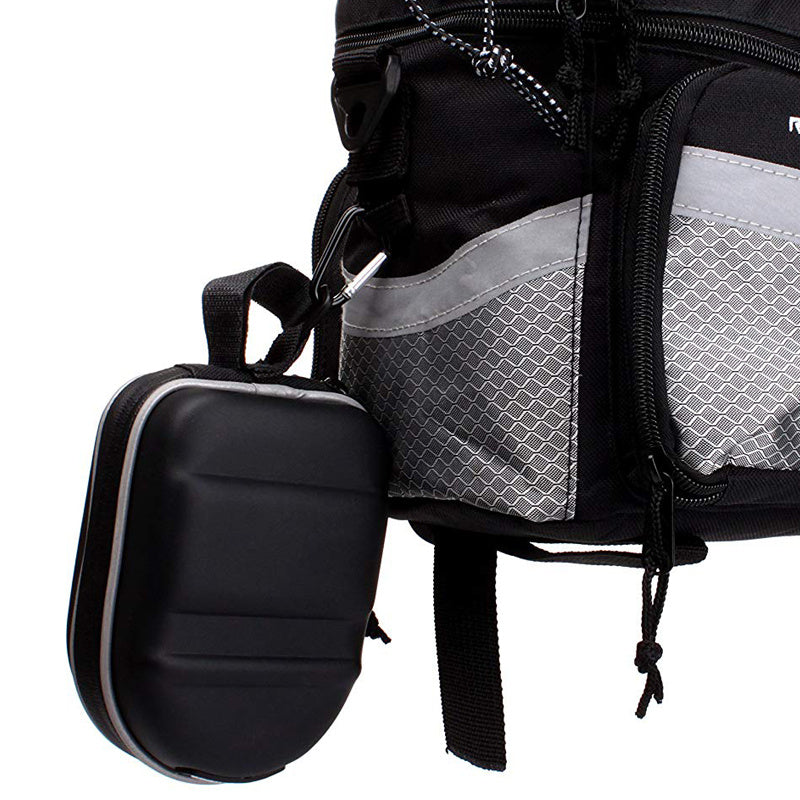 Close-up of a black and gray backpack with a Compact Bicycle Saddle Bag attached.