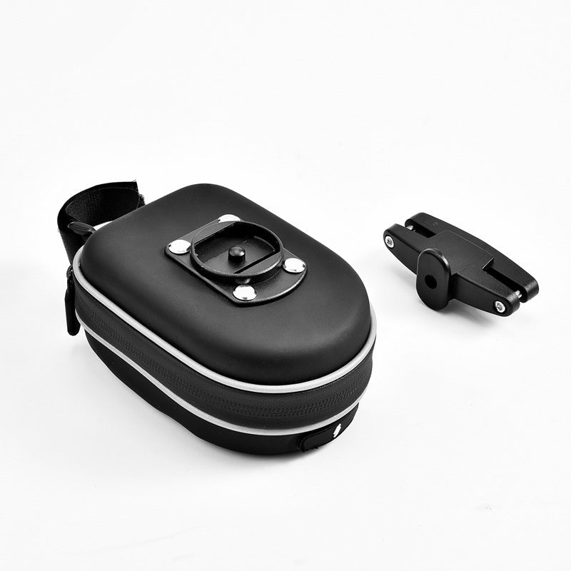 Black Compact Bicycle Saddle Bag with a strap and small black attachment clamp on a white background
