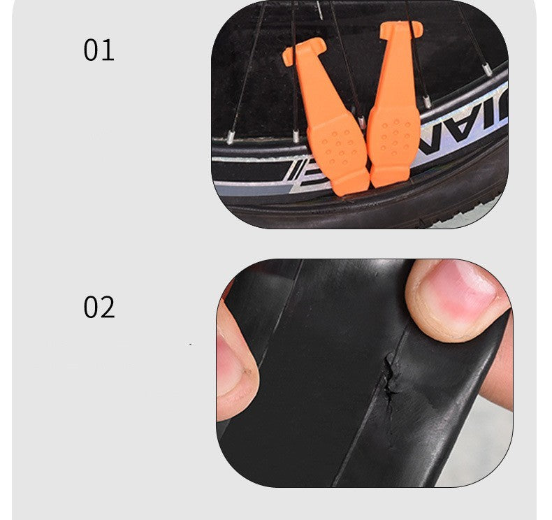 Orange tyre levers on a tyre with a close-up of a punctured inner tube.