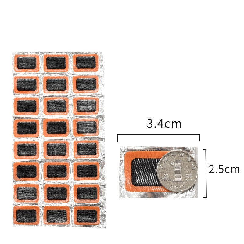 Packaging of small adhesive bicycle tube repair patches with a size measurement label on a white background