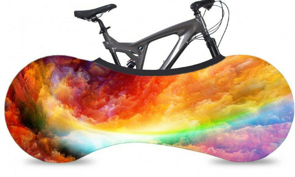 Colorful tie-dye bike cover with a bicycle frame on a white background