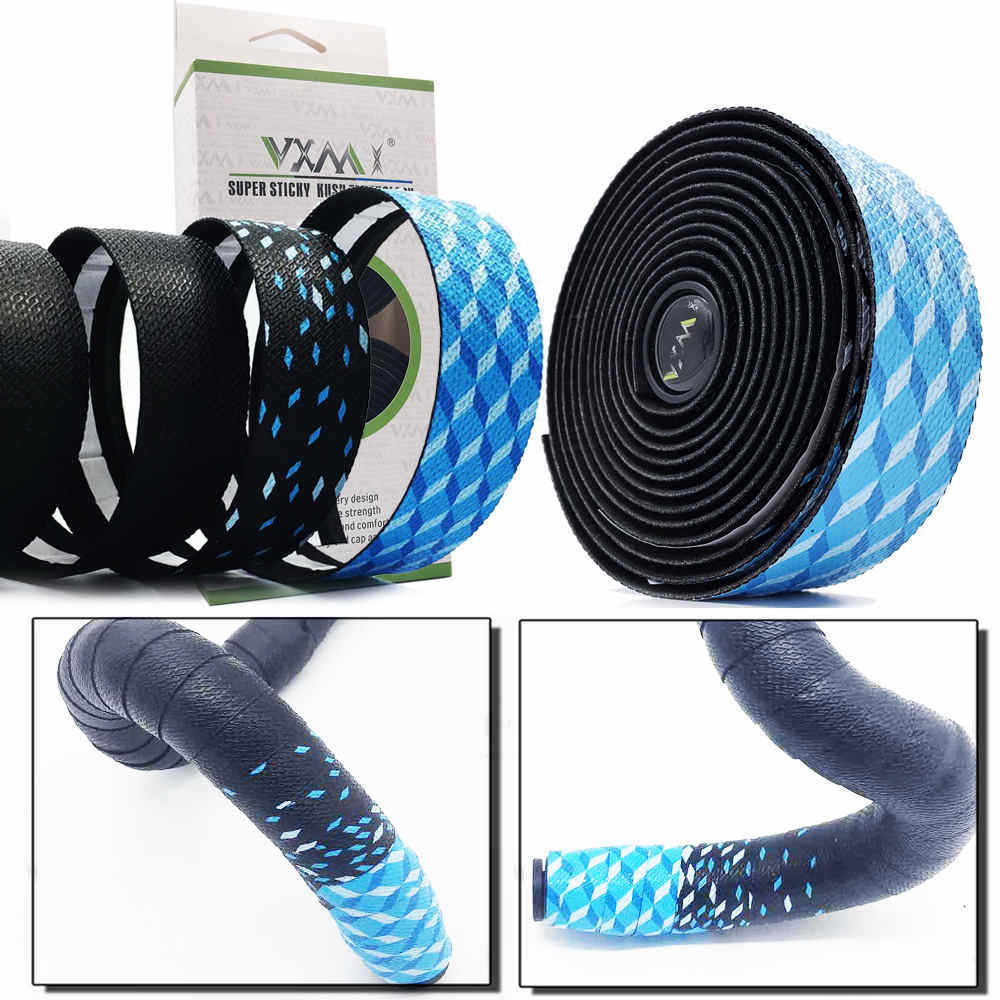 Rolls of blue and black EVA handlebar tape with a visible brand label on a white background.