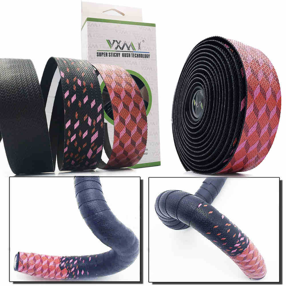 EVA cycling handlebar tape with patterned design, packaging, and close-up views on a white background.