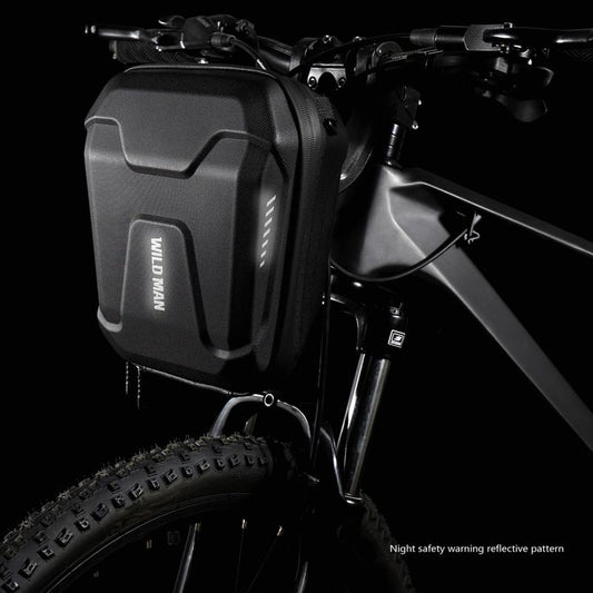 Black EVA Hard Shell Bicycle Handlebar Bag mounted on a handlebar on a black background