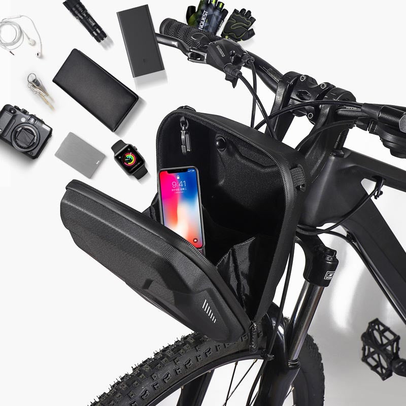 Black EVA Hard Shell Bicycle Handlebar Bag with accessories including a phone, wallet, camera, and gloves on a white background