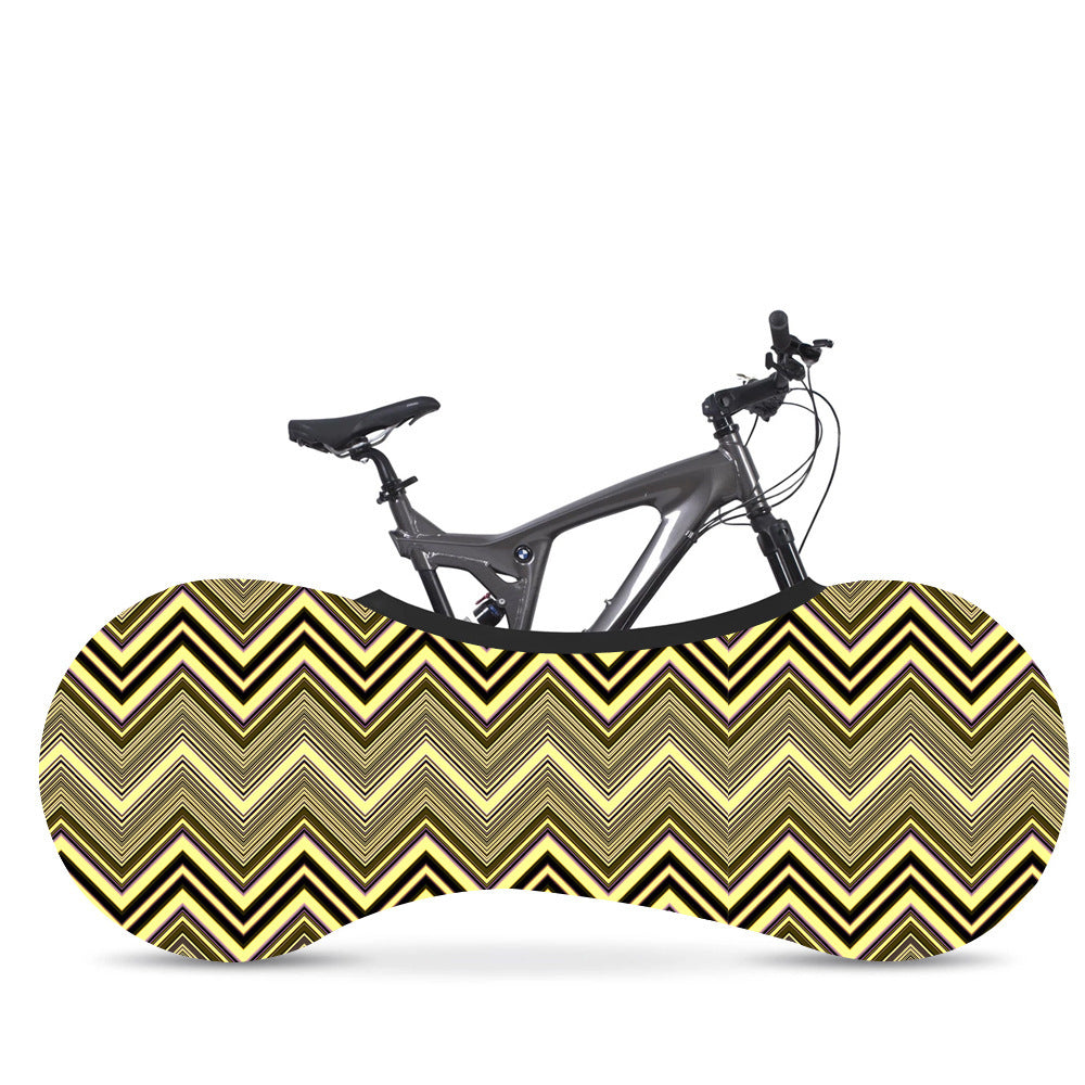 Bicycle in a yellow and black zigzag patterned Elasticated Bicycle Dust Cover