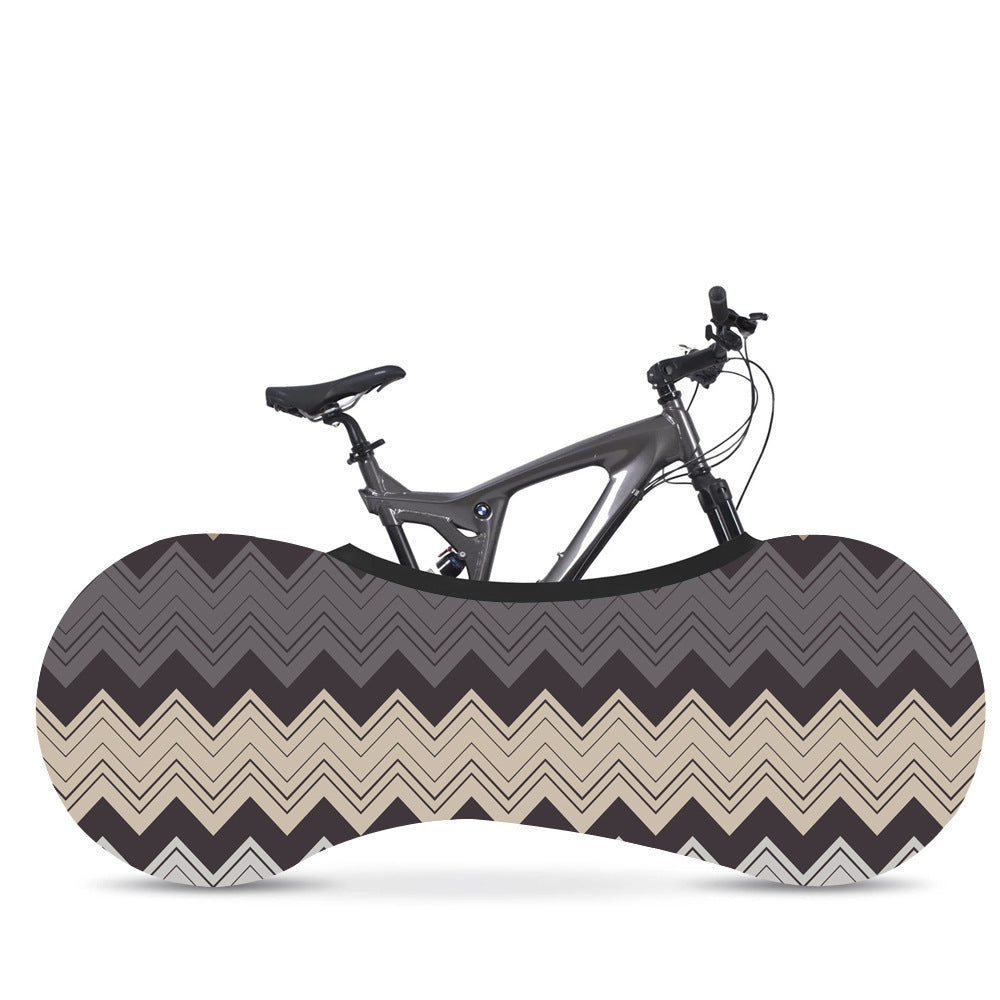 Bicycle inside a zigzag-patterned Elasticated Bicycle Dust Cover on a white background
