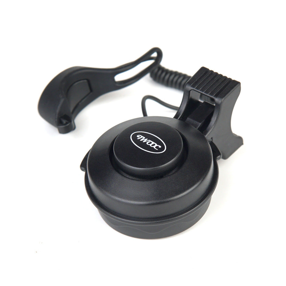 Black electric bike bell with a clip on a white background