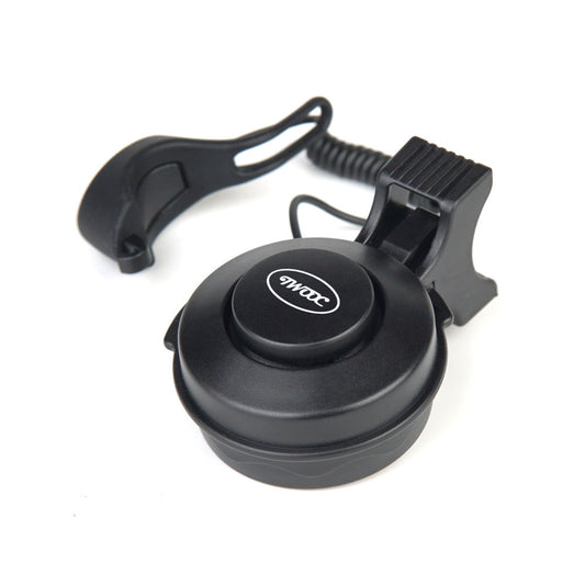 Black electric bike bell with a clip on a white background