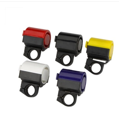 Set of five electric bicycle horns in red, black, white, blue, and yellow on a white background.
