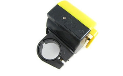 Yellow and black electric bicycle horn on a white background